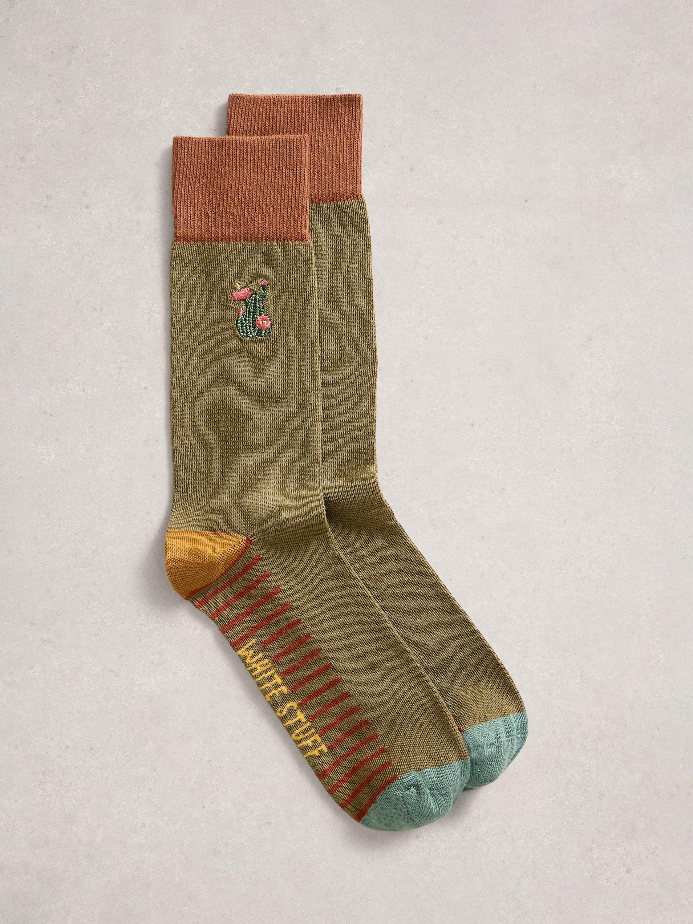 Product image 1 of 2, which shows White Stuff Cotton Blend Embroidered Cactus Ankle Socks, Green, 7-8.5