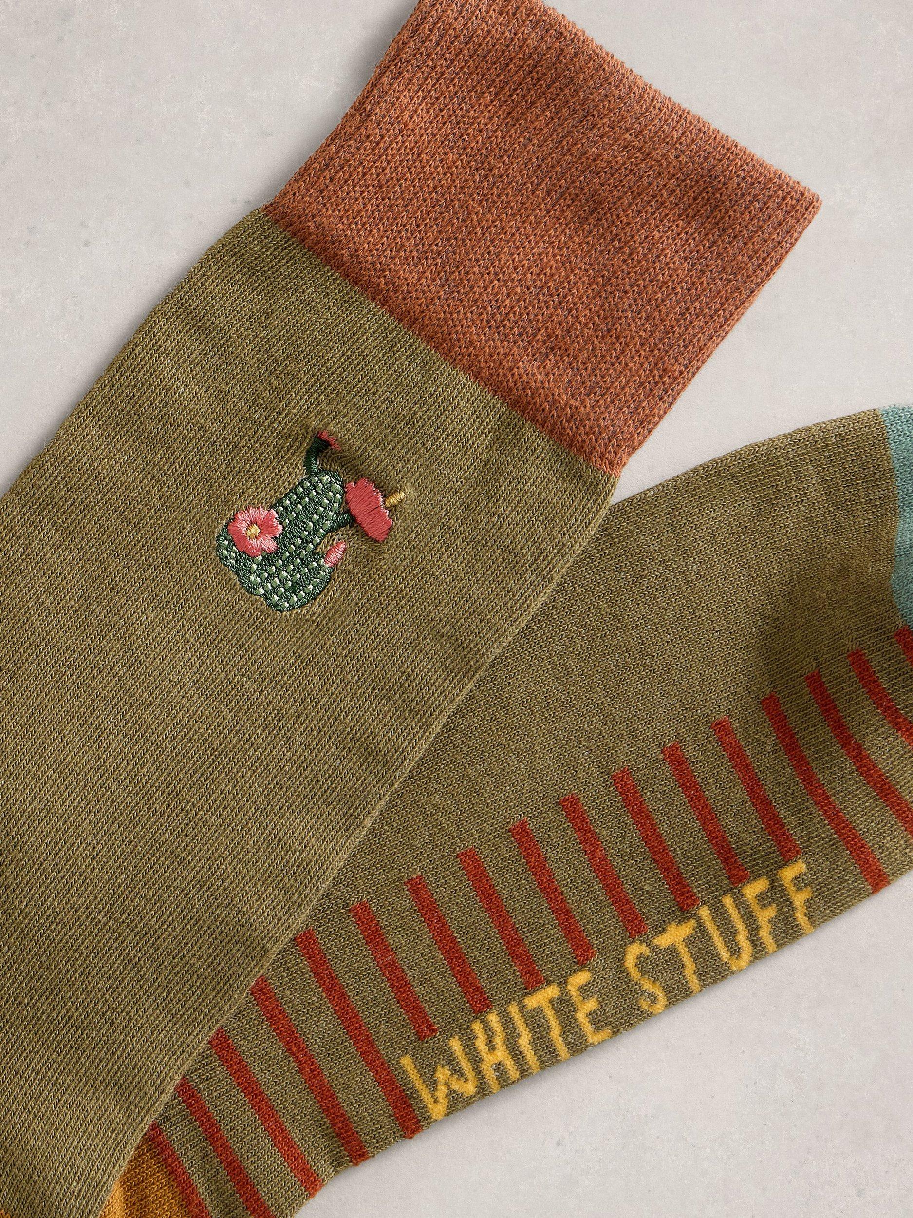 Product image 2 of 2, which shows White Stuff Cotton Blend Embroidered Cactus Ankle Socks, Green, 7-8.5