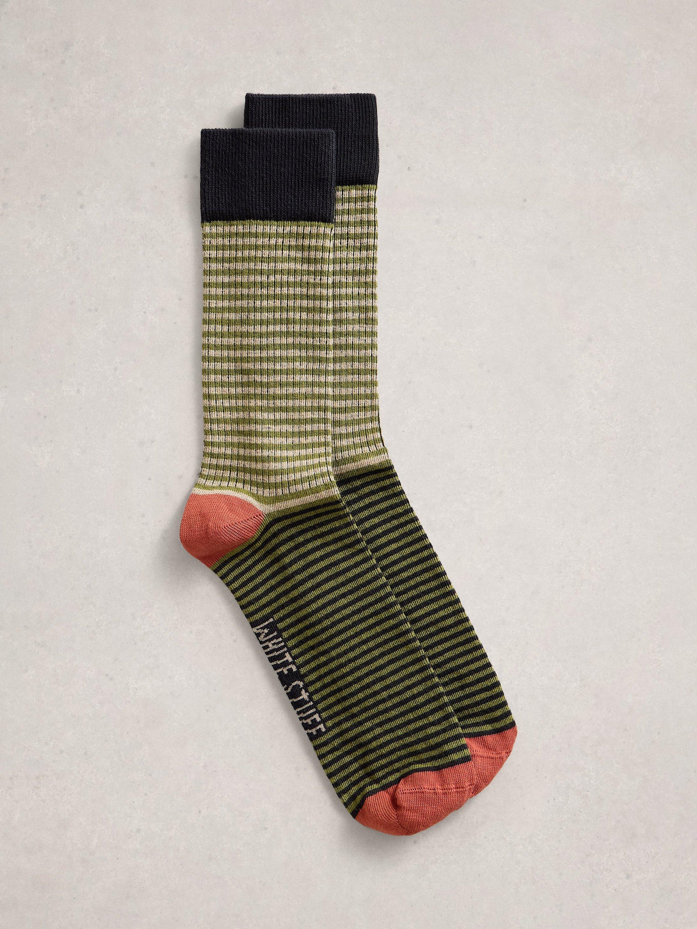 Product image 1 of 2, which shows White Stuff Ribbed Stripe Ankle Socks, Green/Multi, 7-8.5