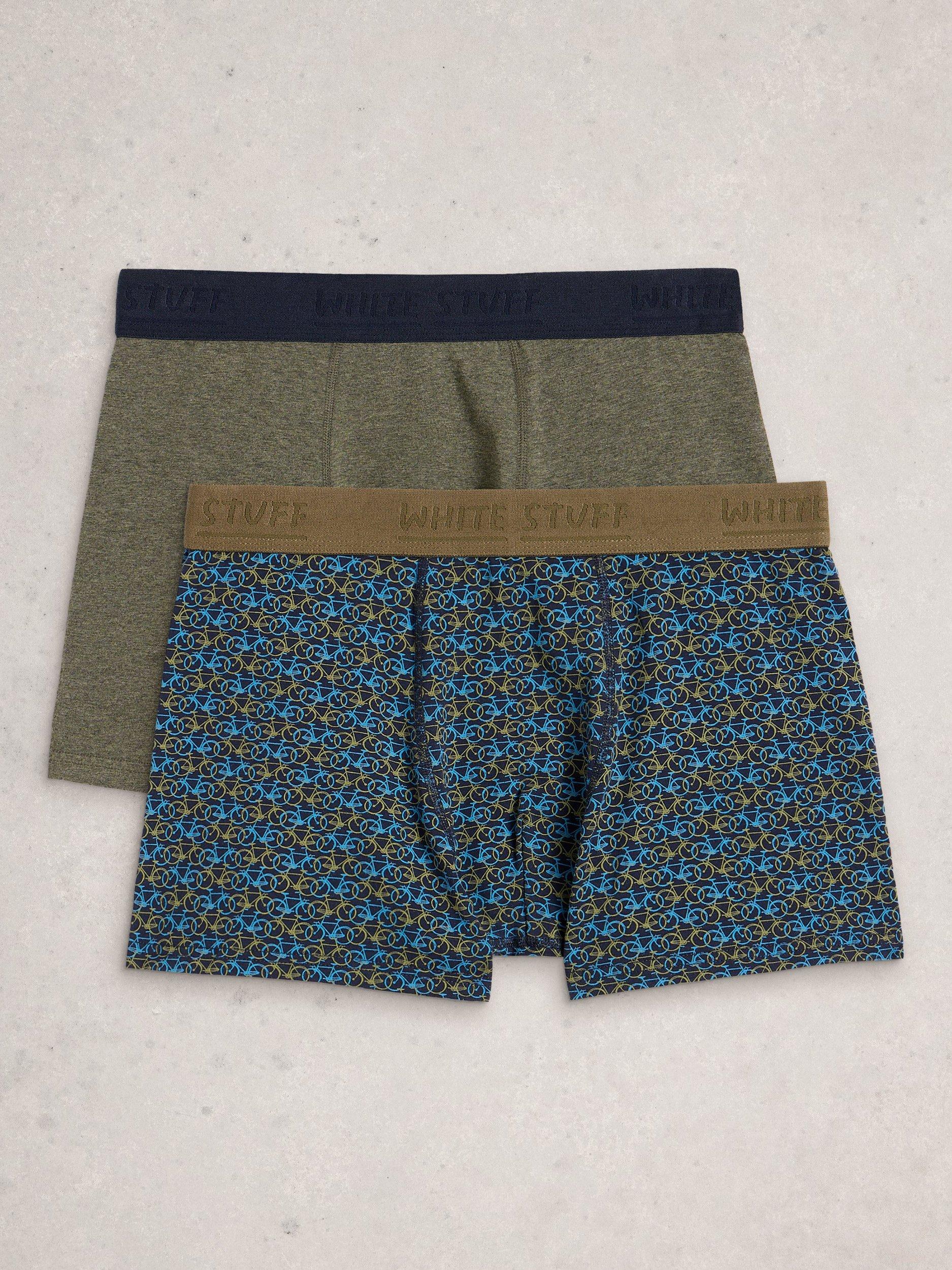 Product image 1 of 3, which shows White Stuff Hove Stretch Cotton Pattern & Plain Boxers, Pack of 2, Blue, S