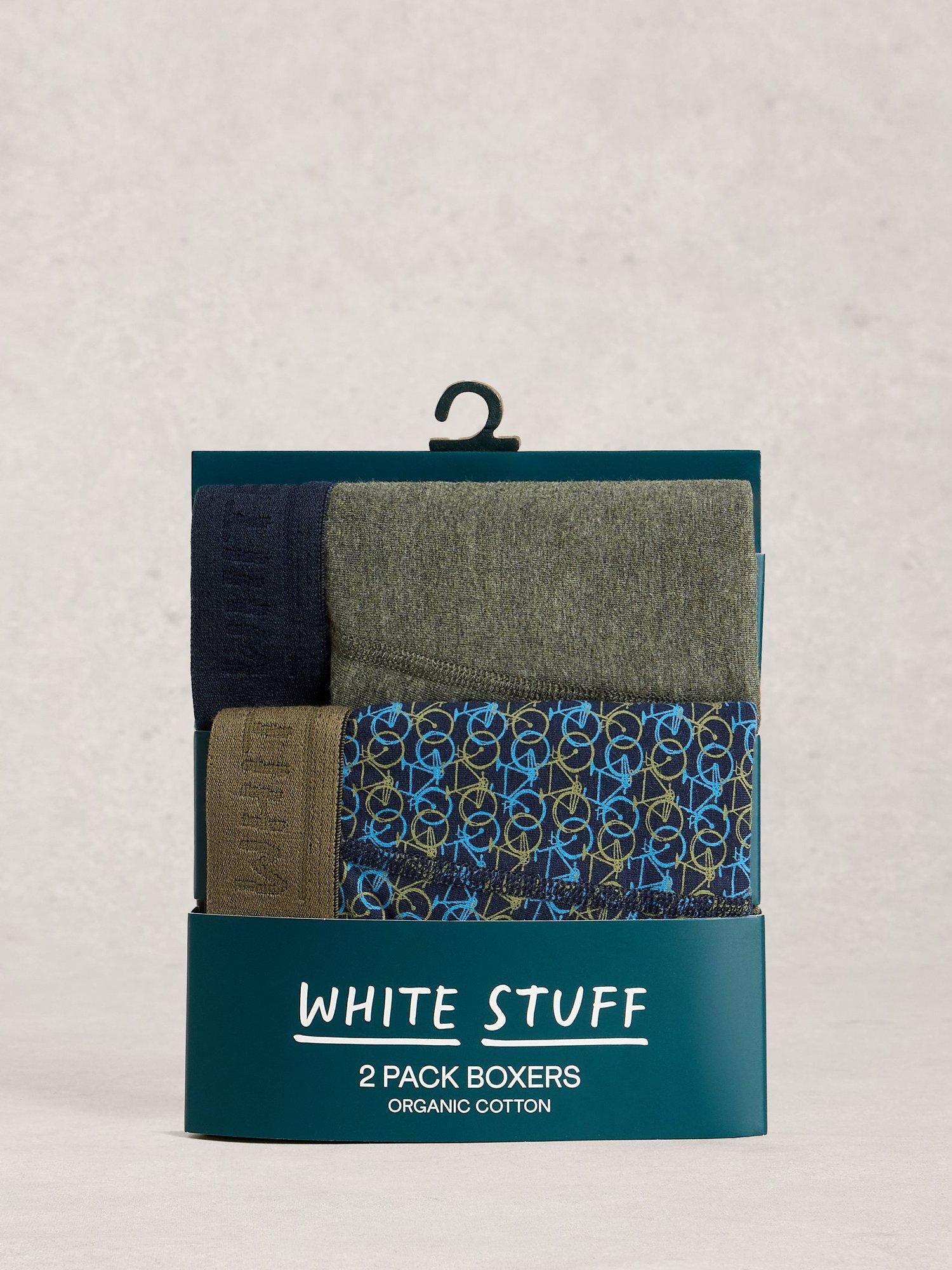 Product image 2 of 3, which shows White Stuff Hove Stretch Cotton Pattern & Plain Boxers, Pack of 2, Blue, S
