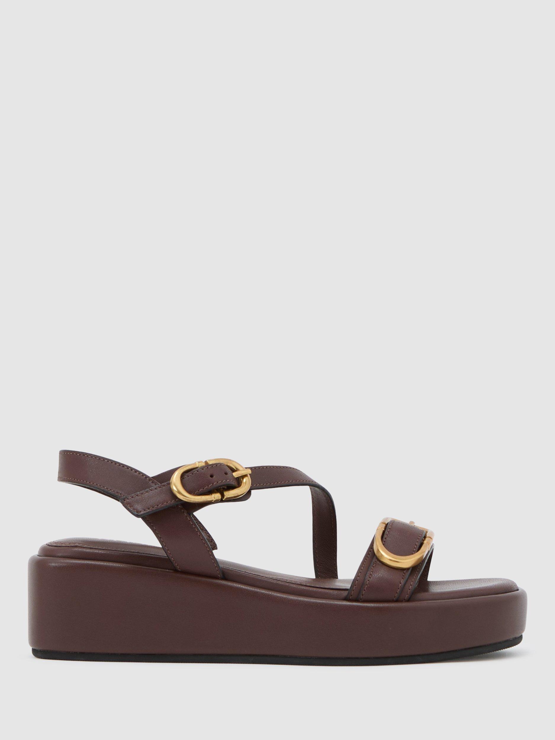 Product image 1 of 4, which shows Reiss Nyla Leather Double Buckle Flatform Sandals, Chocolate, 3