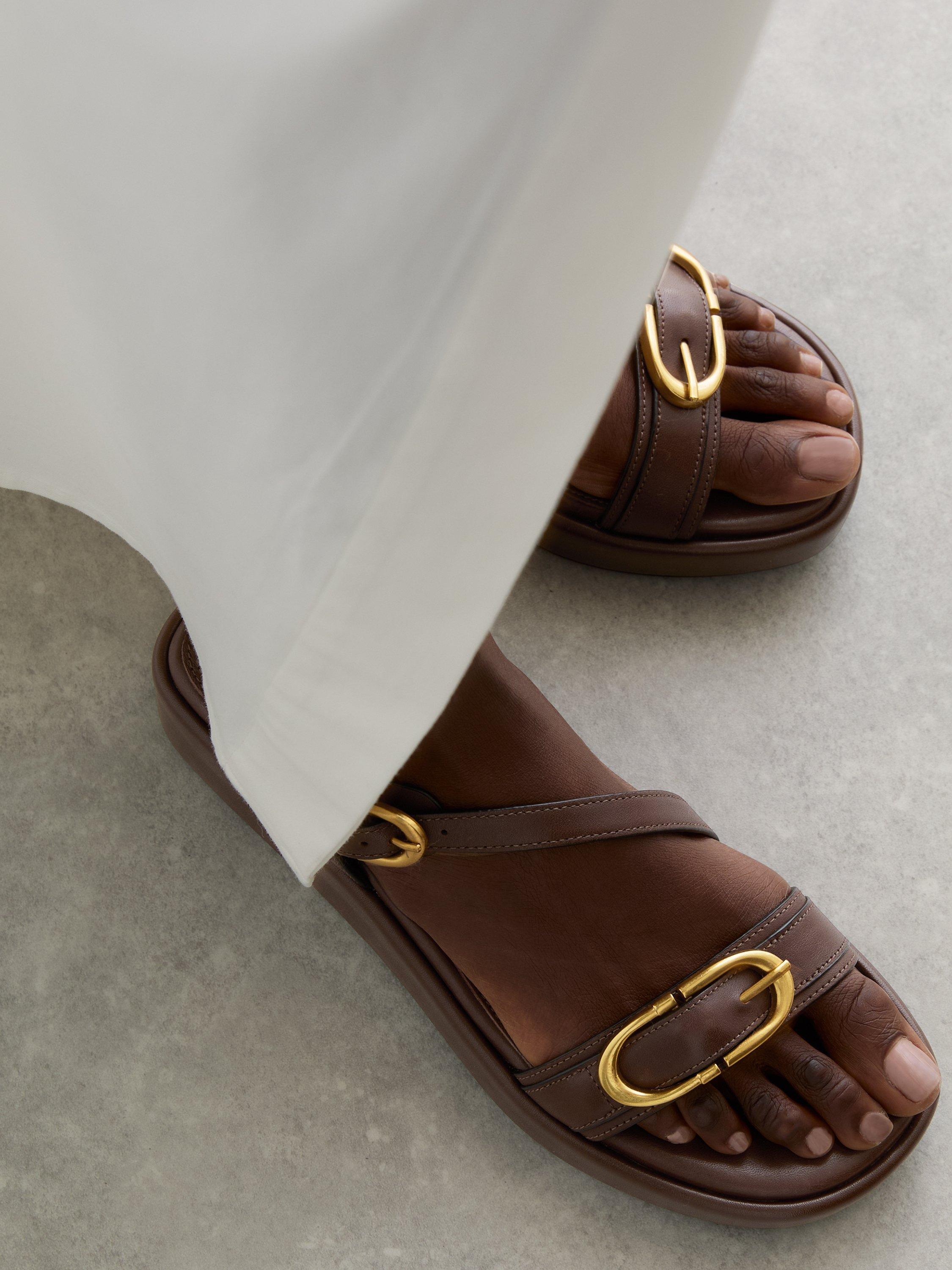 Product image 3 of 4, which shows Reiss Nyla Leather Double Buckle Flatform Sandals, Chocolate, 3