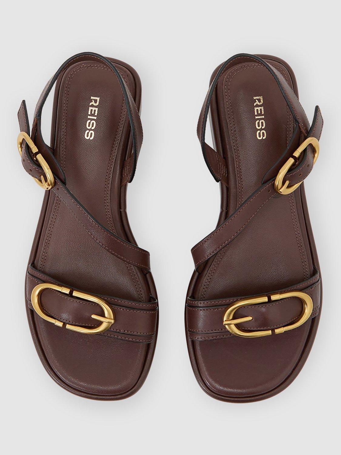 Product image 4 of 4, which shows Reiss Nyla Leather Double Buckle Flatform Sandals, Chocolate, 3