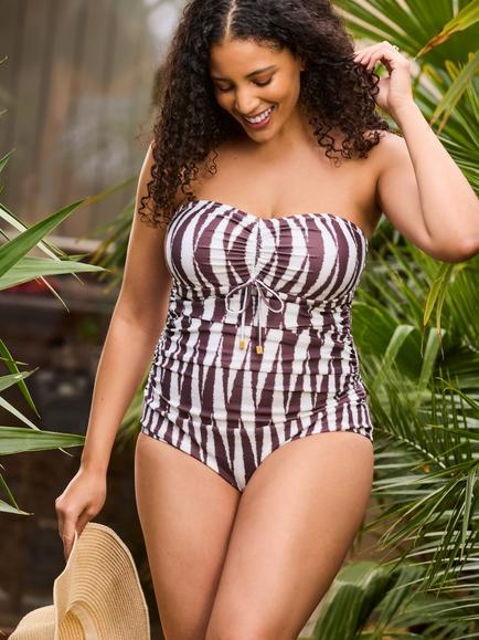 Live Unlimited Curve Geometric Ruched Swimsuit, Brown - view 2, Brown