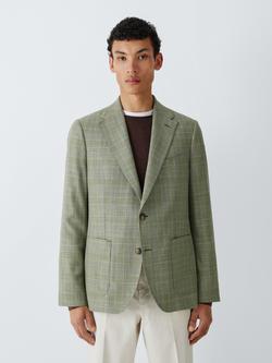 John Lewis Prince of Wales Check Wool Blend Regular Fit Blazer, Green Check, Green Check