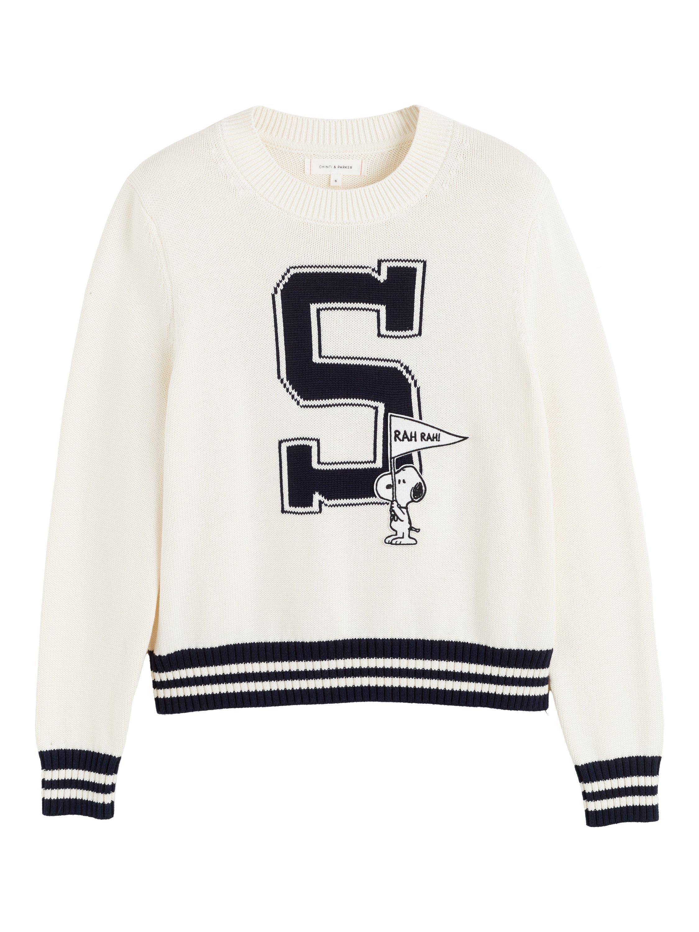Product image 4 of 4, which shows Chinti & Parker Snoopy Varsity Jumper, Cream, XS
