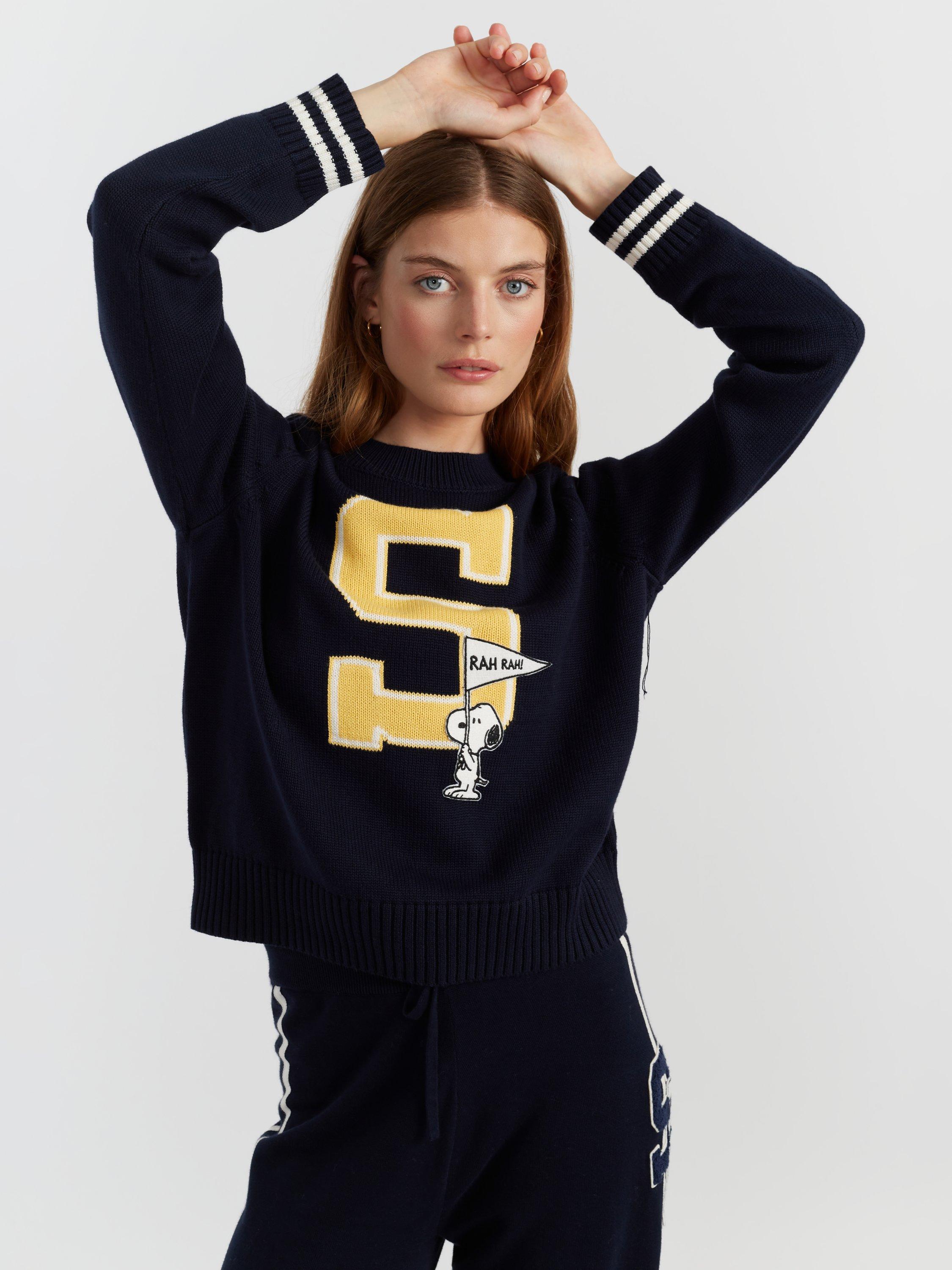 Product image 3 of 4, which shows Chinti & Parker Snoopy Varsity Jumper, Navy, XS