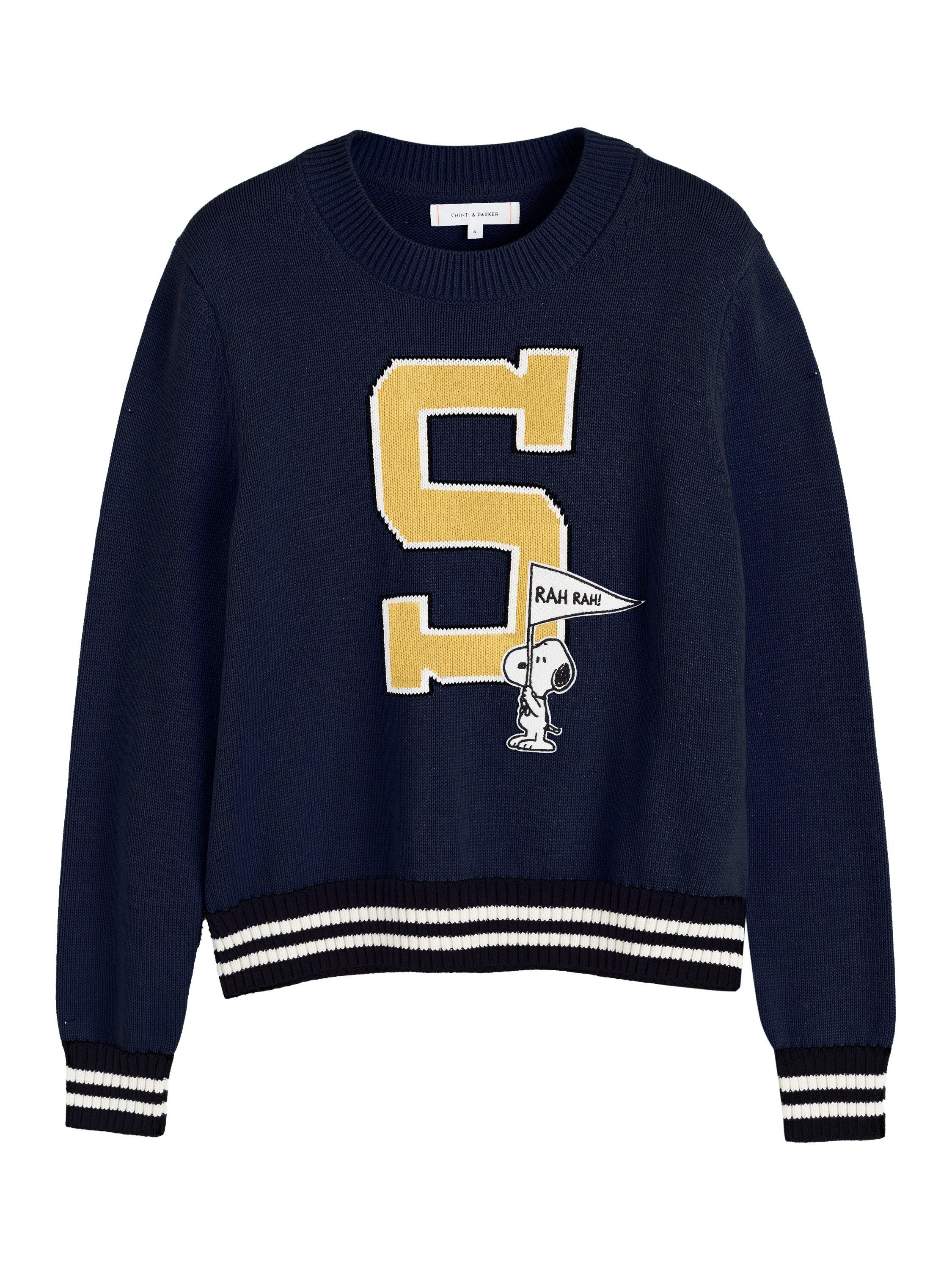 Product image 4 of 4, which shows Chinti & Parker Snoopy Varsity Jumper, Navy, XS