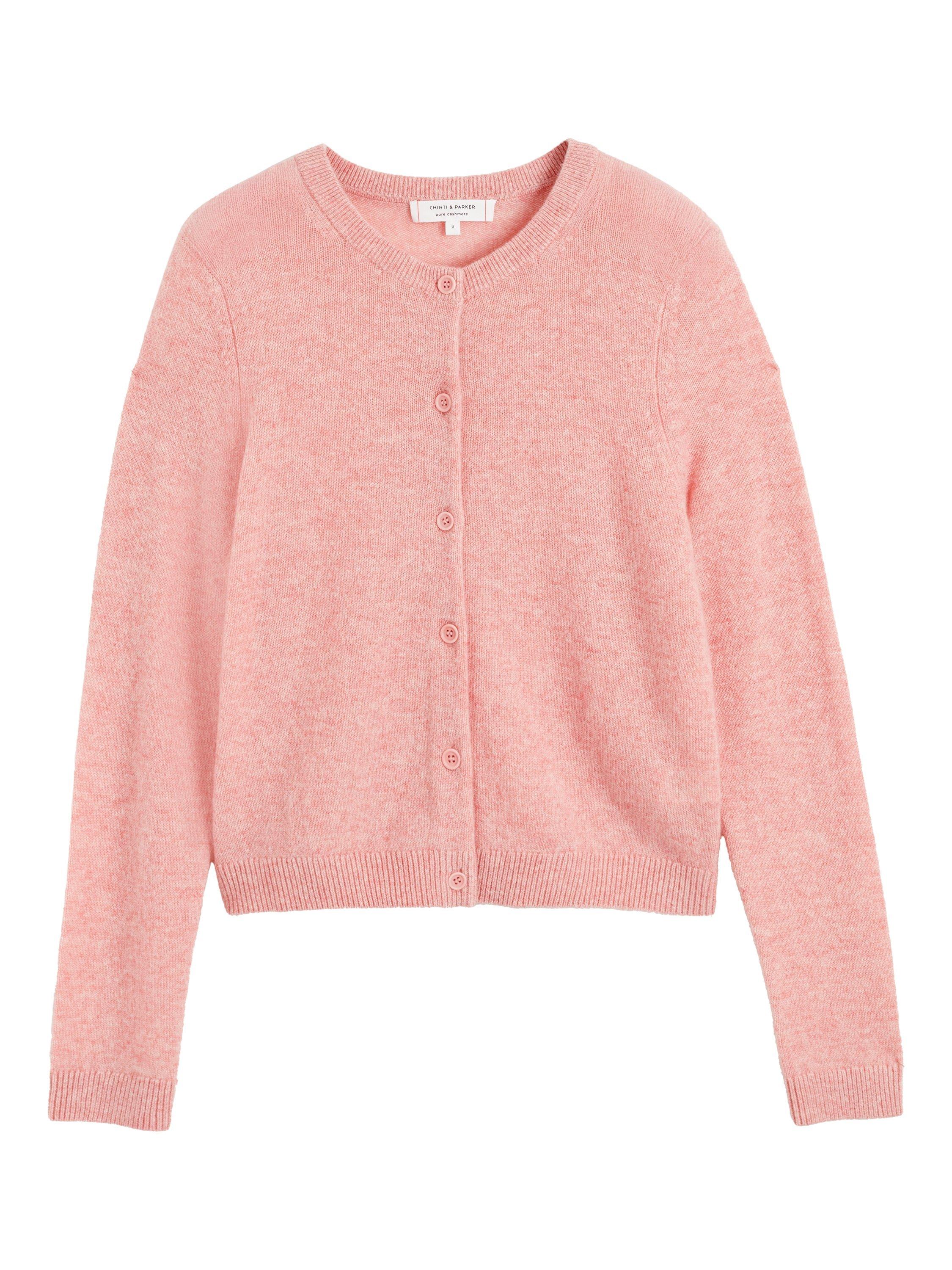 Product image 4 of 4, which shows Chinti & Parker Pure Cashmere Cloud Crew Neck Cardigan, Pink Marl, XS