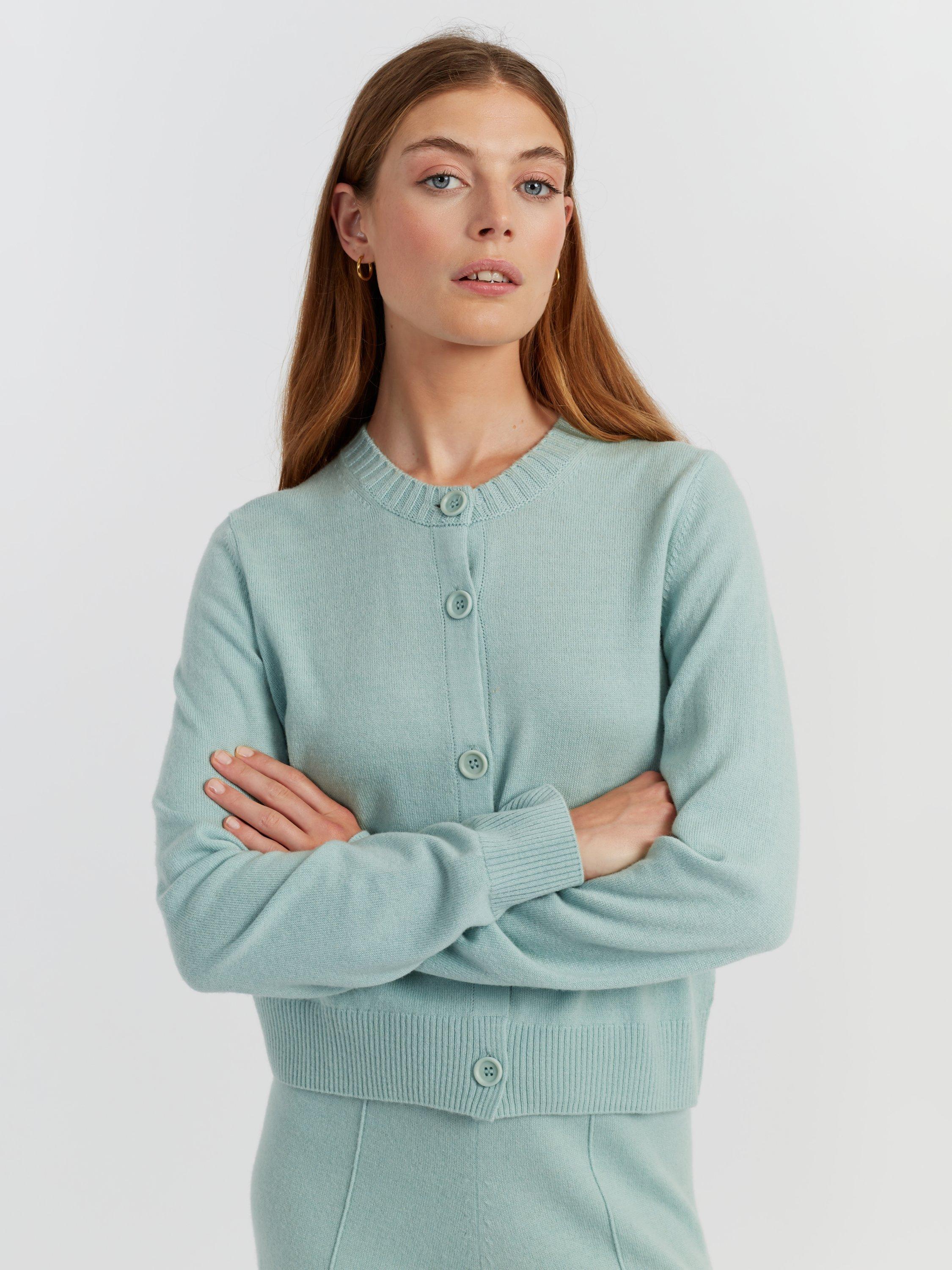 Product image 3 of 4, which shows Chinti & Parker Wool Rich Basics Crew Neck Cardigan, Dusty Mint, XS