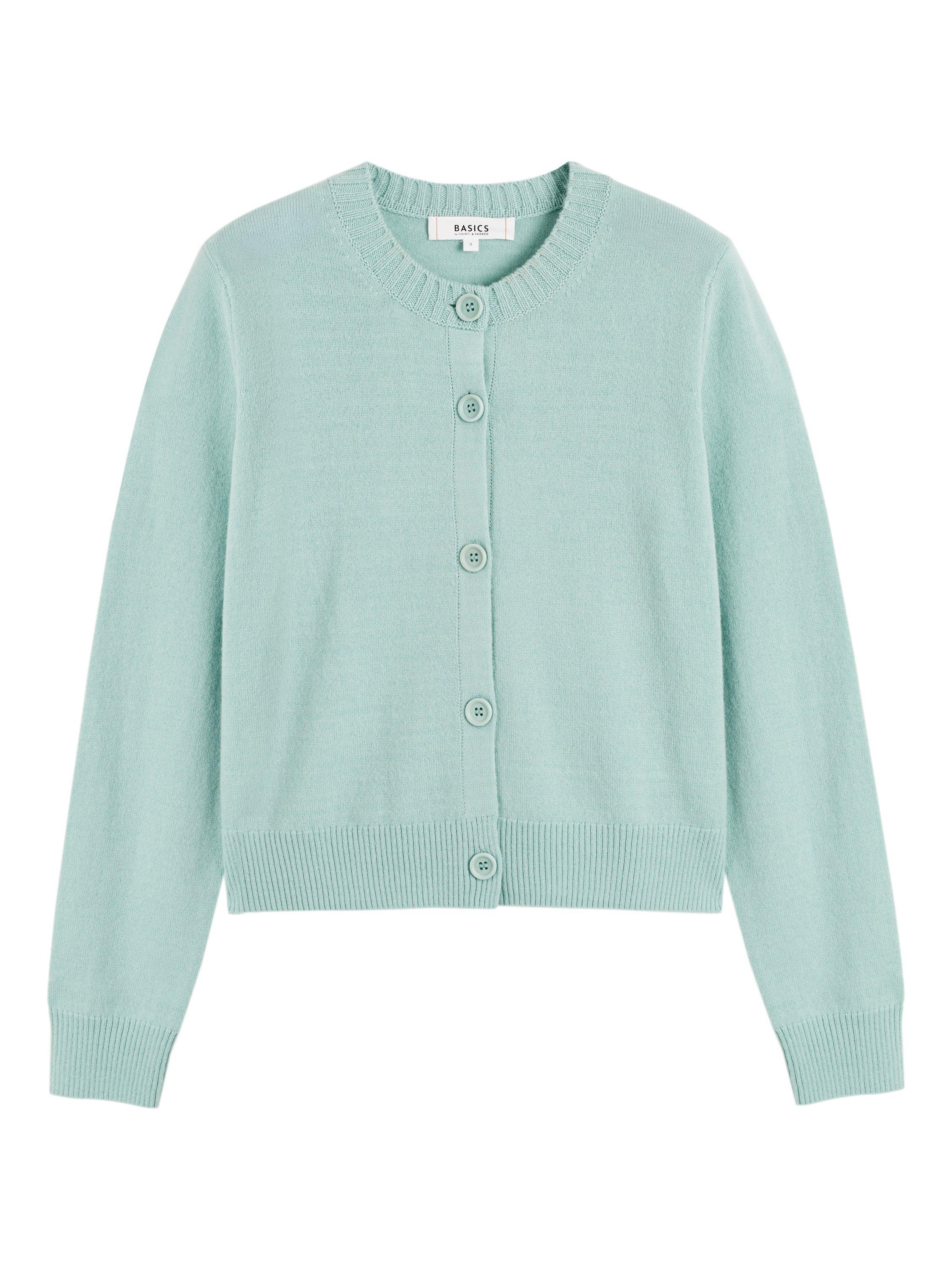 Product image 4 of 4, which shows Chinti & Parker Wool Rich Basics Crew Neck Cardigan, Dusty Mint, XS
