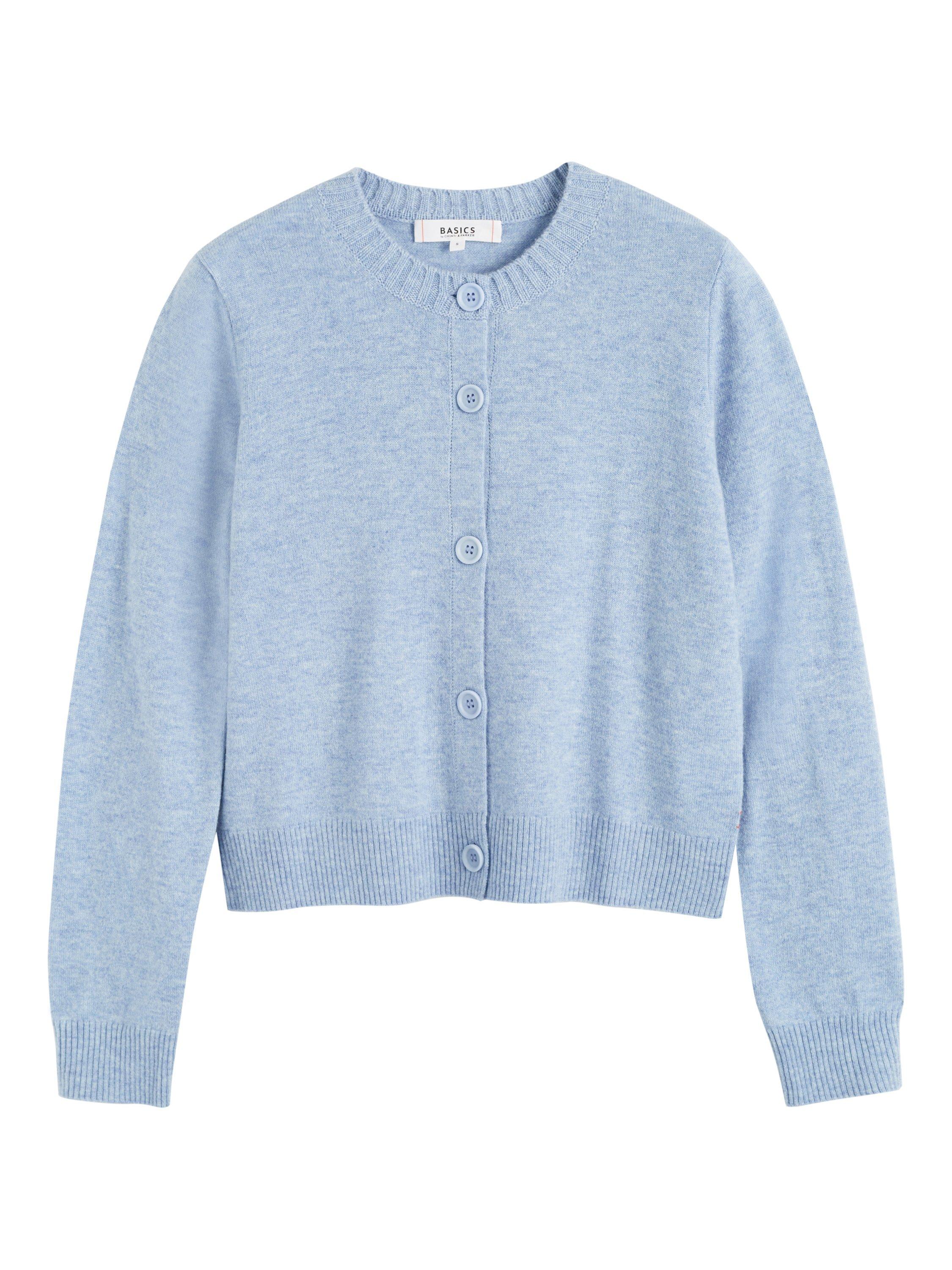 Product image 4 of 4, which shows Chinti & Parker Wool Rich Basics Crew Neck Cardigan, Baby Blue, XS