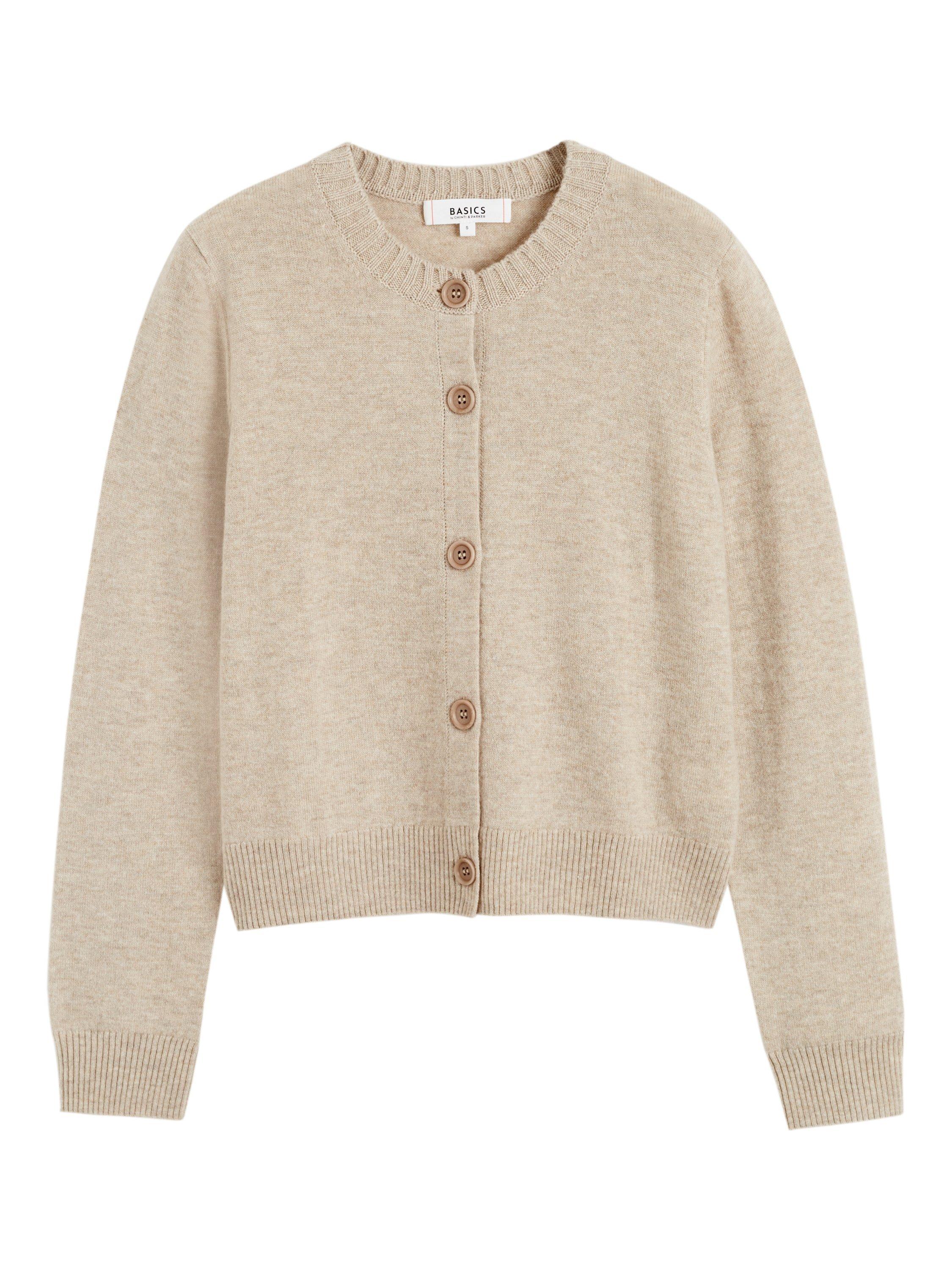 Product image 4 of 4, which shows Chinti & Parker Wool Rich Basics Crew Neck Cardigan, Soft Oat, XS