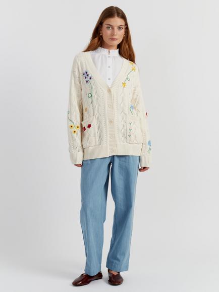 Chinti & Parker Embroidered Floral Cardigan, Cream/Multi, Cream/Multi