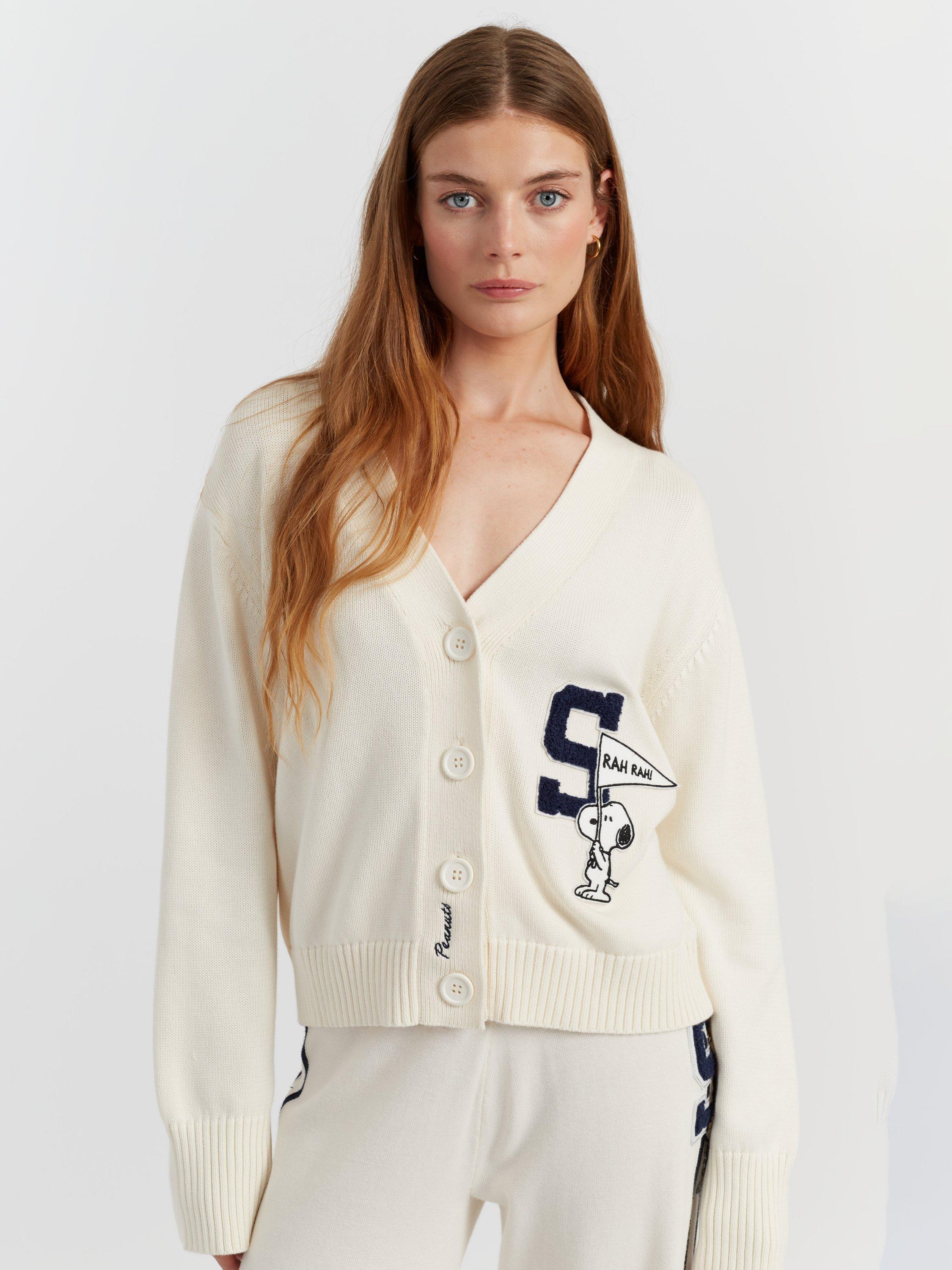 Product image 3 of 4, which shows Chinti & Parker Snoopy Varsity Cardigan, Cream, XS