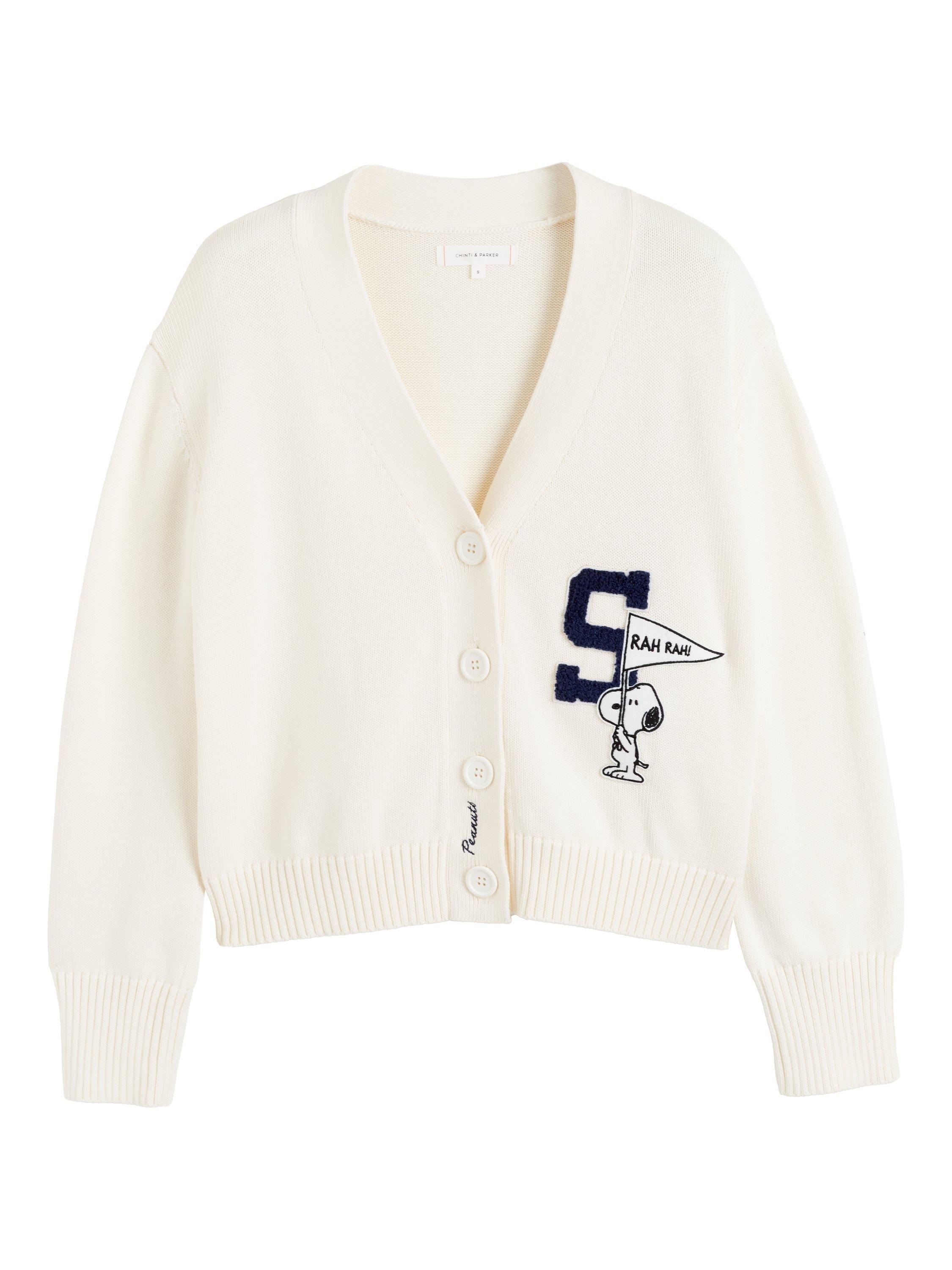 Product image 4 of 4, which shows Chinti & Parker Snoopy Varsity Cardigan, Cream, XS
