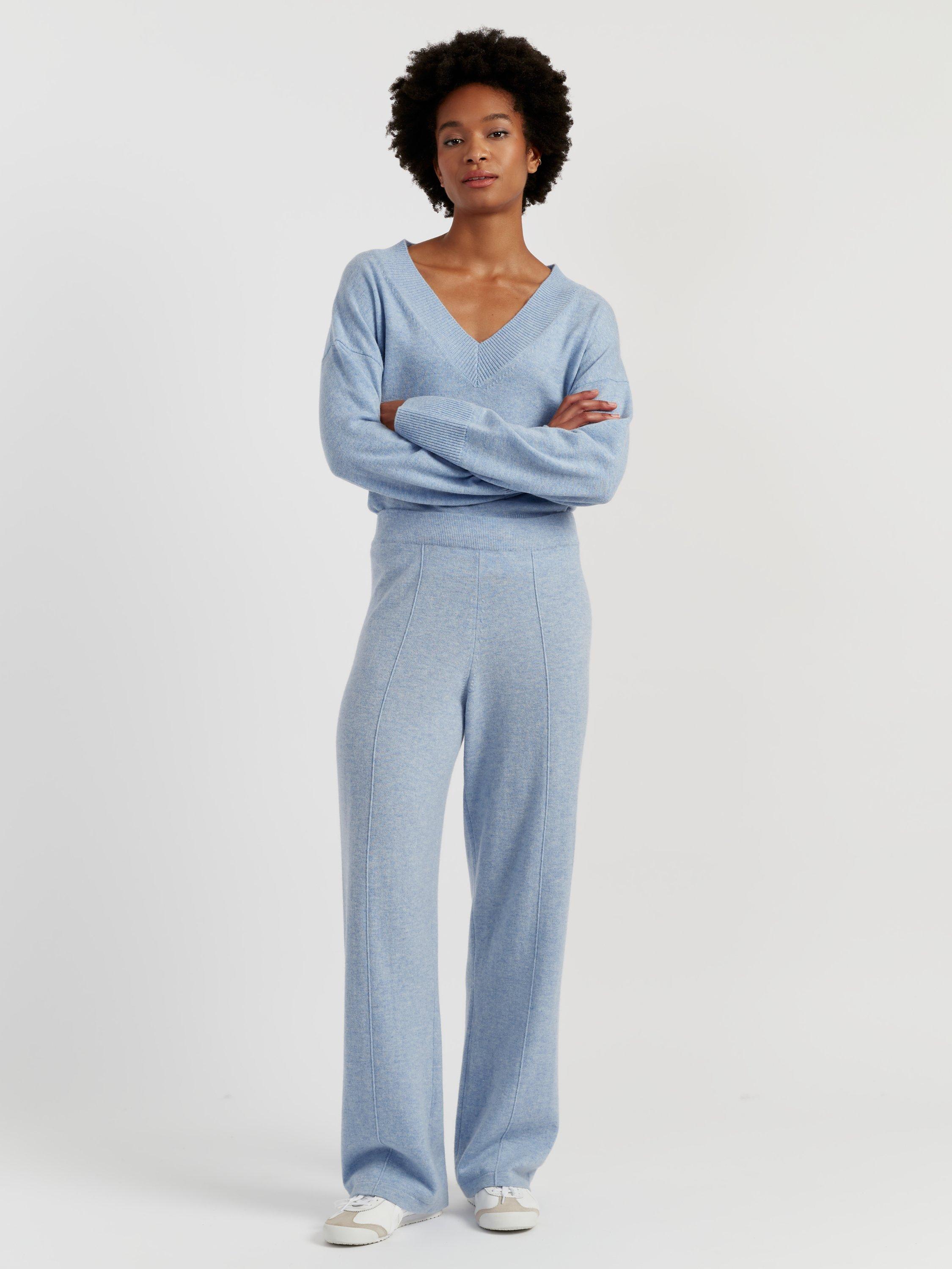 Product image 1 of 4, which shows Chinti & Parker Wool Rich Basics Wide Leg Track Trousers, Baby Blue, XS
