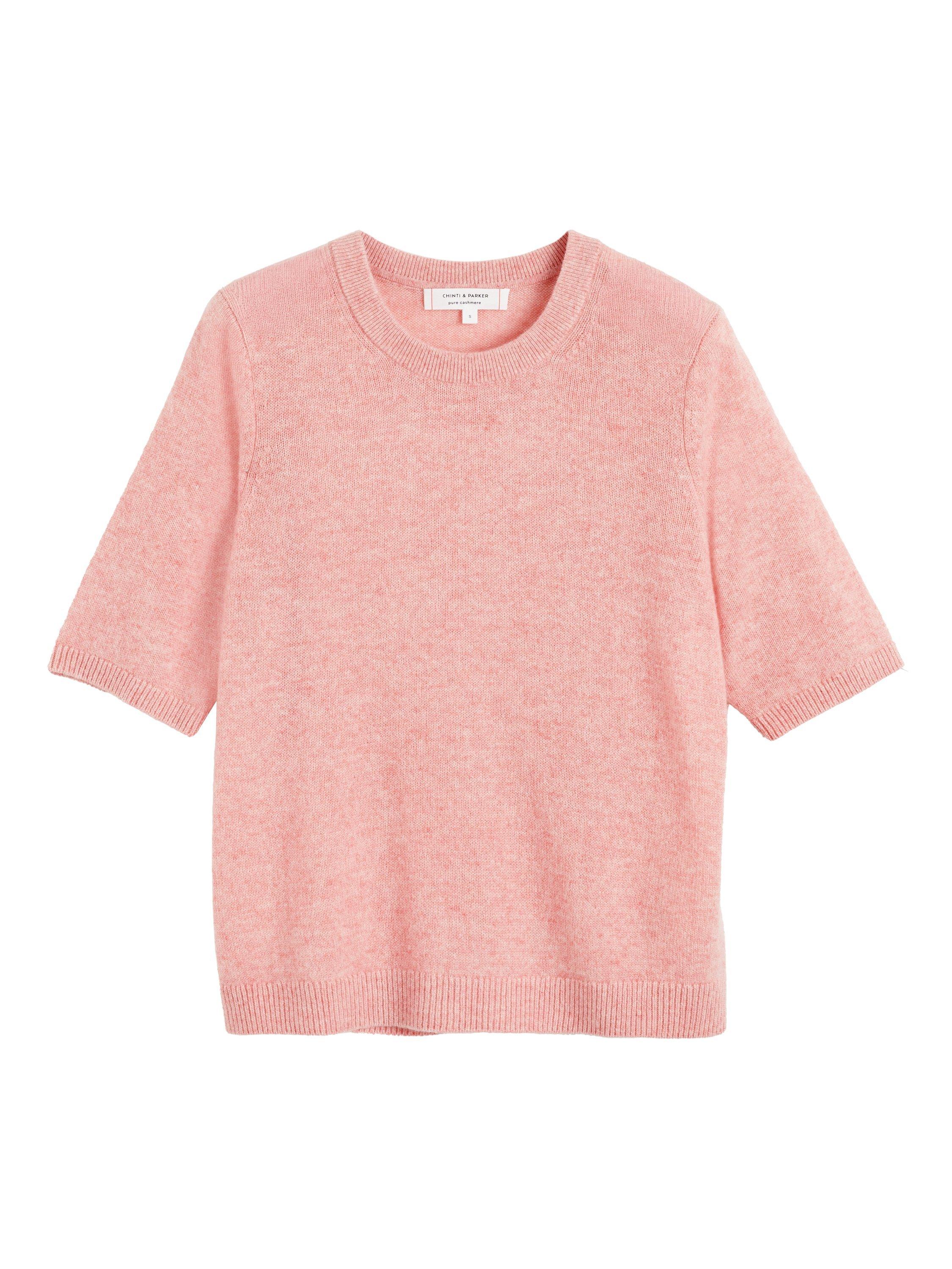 Product image 4 of 4, which shows Chinti & Parker Pure Cashmere Cloud Crew Neck T-Shirt, Pink Marl, XS
