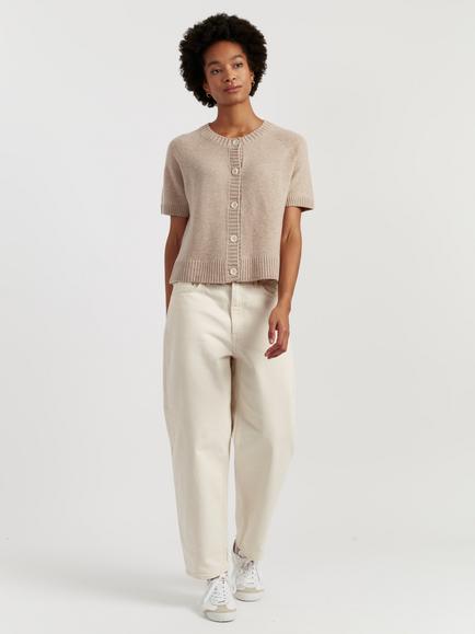 Chinti & Parker Short Sleeve Wool Rich Cardigan, Soft Oat, Soft Oat