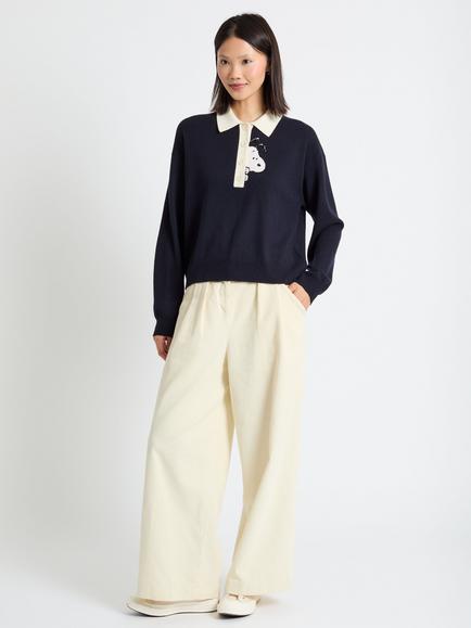 Chinti & Parker Wool Rich Snoopy Long Sleeved Polo Shirt, Navy
