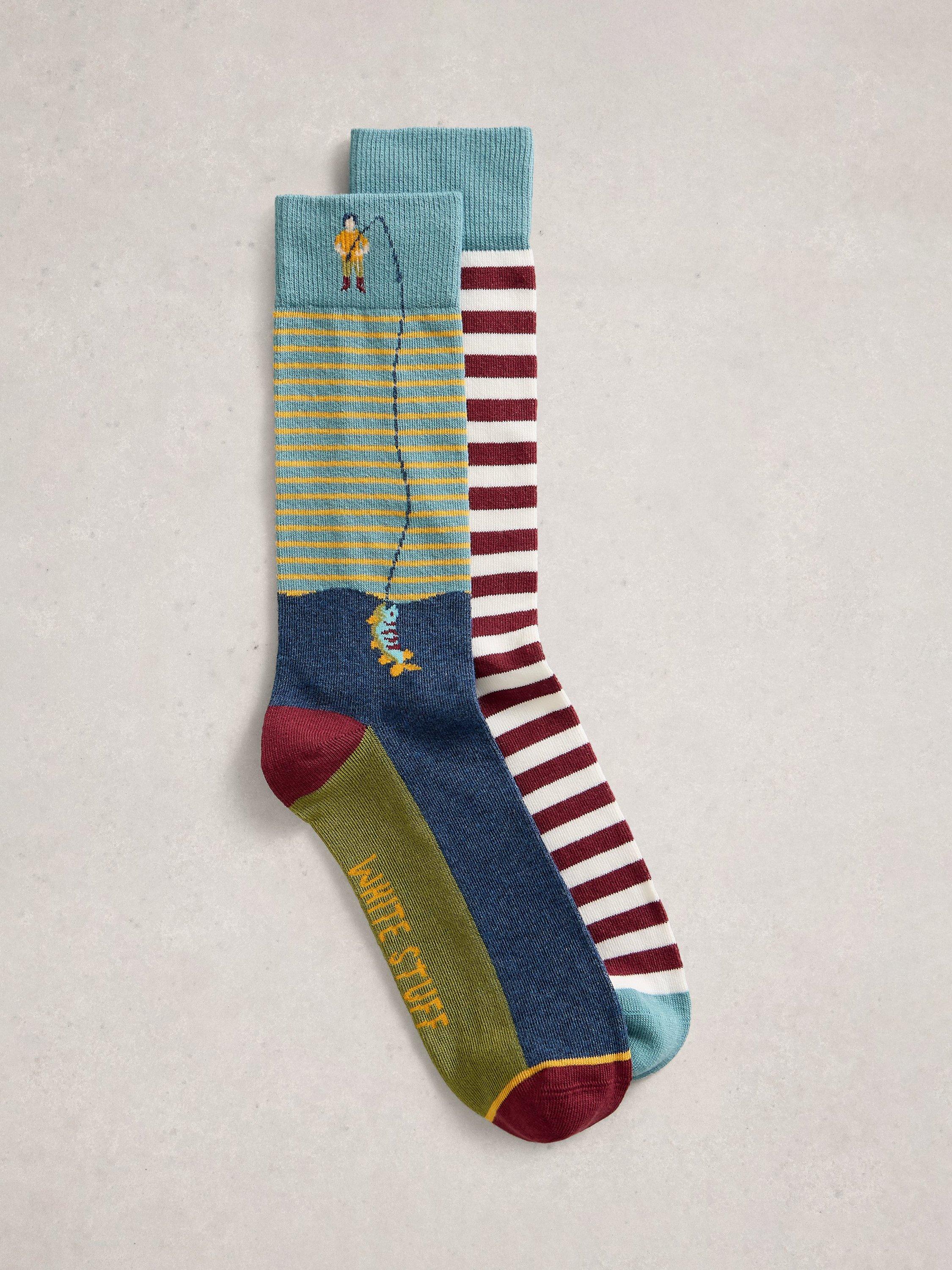 Product image 1 of 2, which shows White Stuff Fisherman Stripe Ankle Socks, Pack of 2, Blue/Multi, 7-8.5