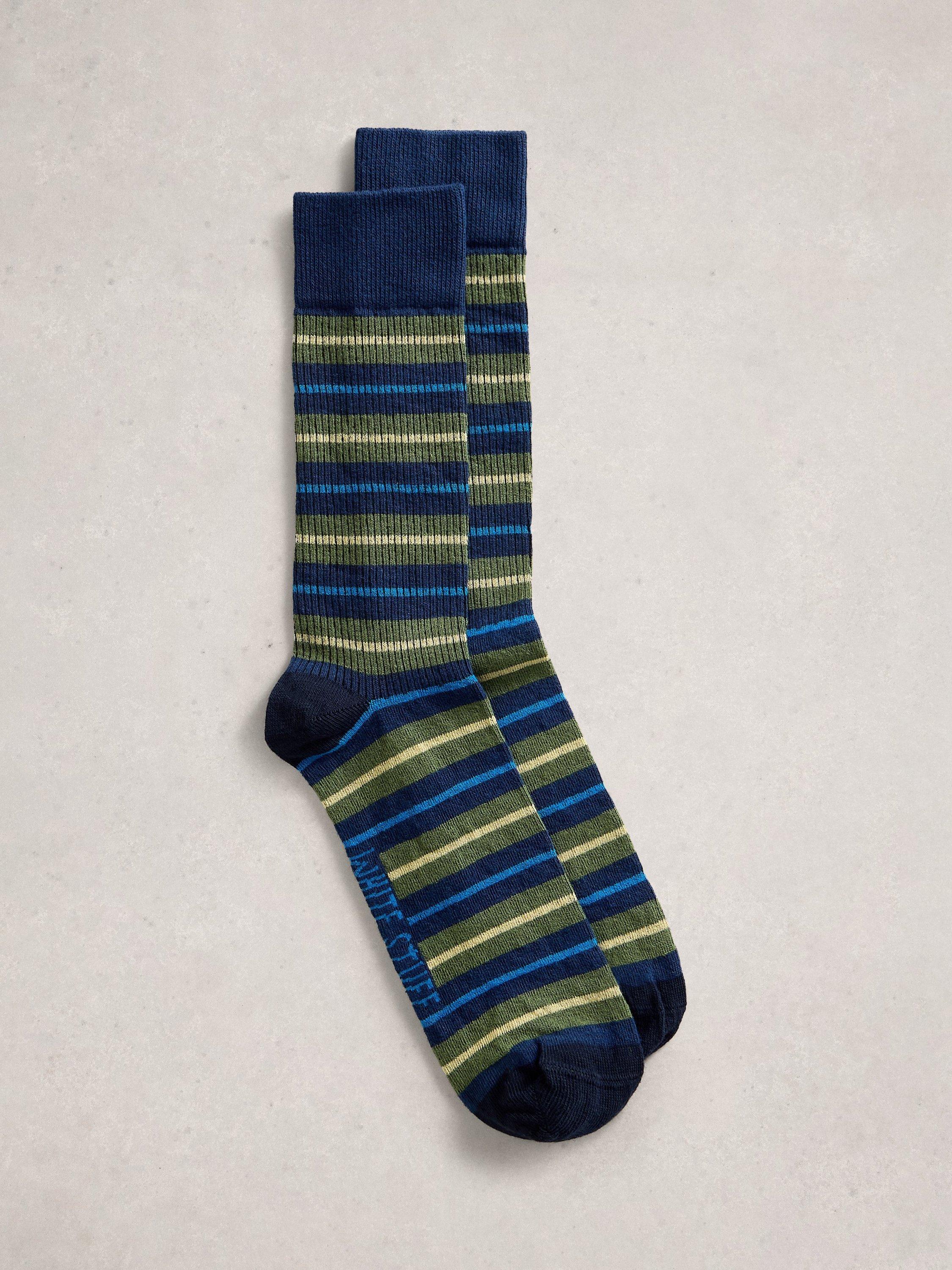 Product image 1 of 2, which shows White Stuff Ribbed Stripe Ankle Socks, Green/Multi, 7-8.5