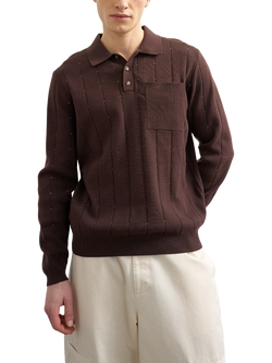 Topman Classic Fit Long Sleeve Cotton Pointelle Knit Polo Shirt, Brown, Brown
