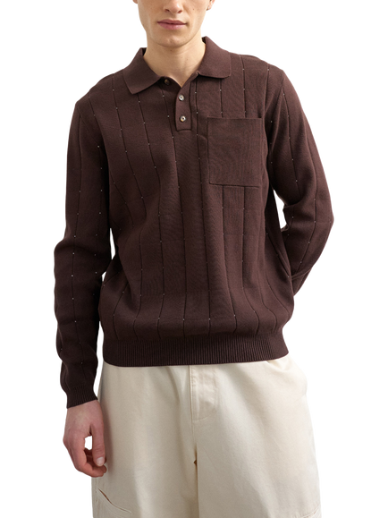 Topman Classic Fit Long Sleeve Cotton Pointelle Knit Polo Shirt, Brown, Brown