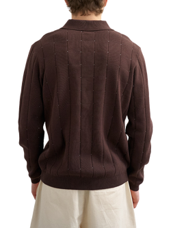 Topman Classic Fit Long Sleeve Cotton Pointelle Knit Polo Shirt, Brown - view 2, Brown