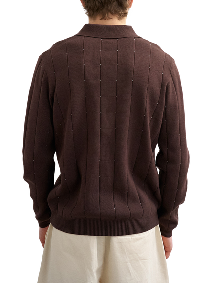 Topman Classic Fit Long Sleeve Cotton Pointelle Knit Polo Shirt, Brown - view 2, Brown