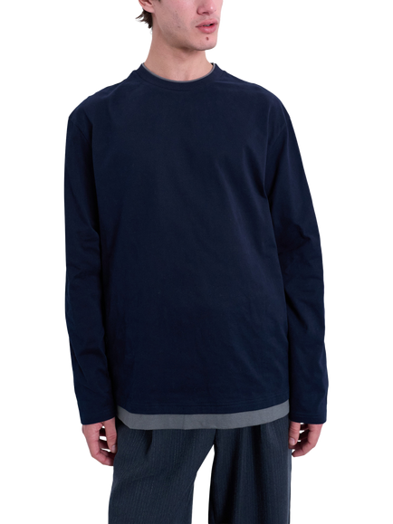 Topman Cotton Long Sleeve Crew Neck T-Shirt, Navy & Charcoal