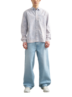 Topman Acid Wash Cotton Regular Fit Stripe Shirt, Blue, Blue