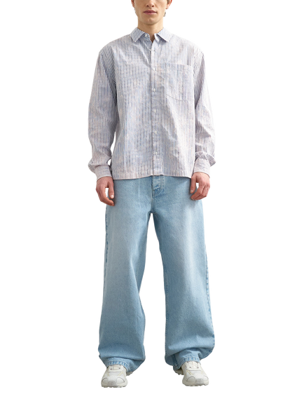 Topman Acid Wash Cotton Regular Fit Stripe Shirt, Blue, Blue