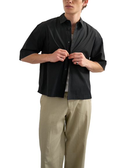 Topman Cropped Short Sleeve Cotton Poplin Shirt, Black