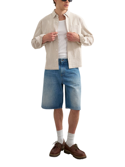 Topman Relaxed Fit Cropped Seersucker Shirt, Stone