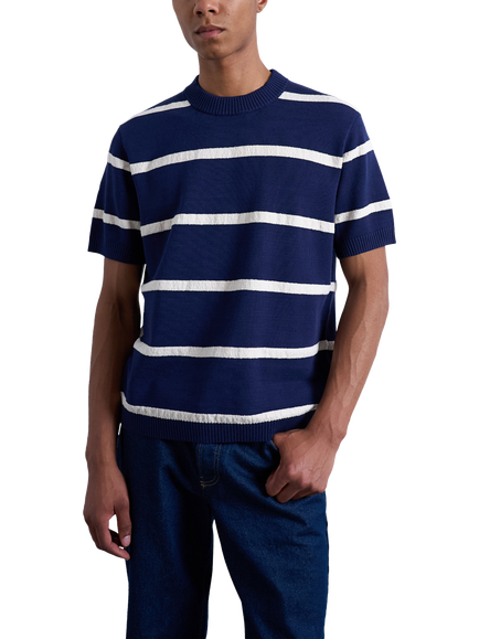 Topman Regular Fit Short Sleeve Stripe Knit T-Shirt, Navy