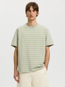 Selected Crew Neck Stripe Seersucker Cotton Blend T-Shirt, Aqua Grey, Aqua Grey
