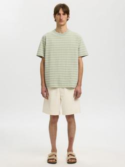 Selected Crew Neck Stripe Seersucker Cotton Blend T-Shirt, Aqua Grey - view 2, Aqua Grey