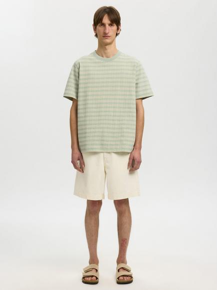 Selected Crew Neck Stripe Seersucker Cotton Blend T-Shirt, Aqua Grey - view 2, Aqua Grey