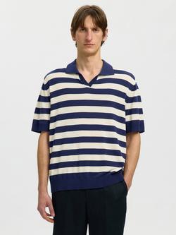 Selected Knitted Short Sleeve Cotton Polo Shirt, Ocean, Ocean