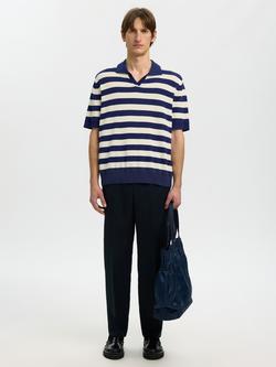 Selected Knitted Short Sleeve Cotton Polo Shirt, Ocean - view 2, Ocean