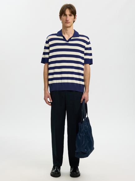 Selected Knitted Short Sleeve Cotton Polo Shirt, Ocean - view 2, Ocean