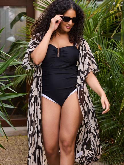 Live Unlimited Curve Abstract Print Kimono, Black - view 2, Black