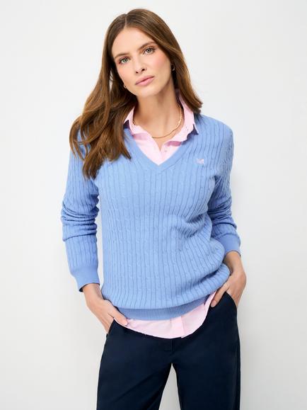 Crew Clothing Heritage V-Neck Cable Knit Jumper, Light Blue, Light Blue