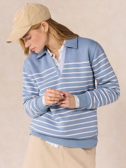 Crew Clothing Sandy Flip Collar Stripe Sweatshirt, Airforce Blue, Airforce Blue