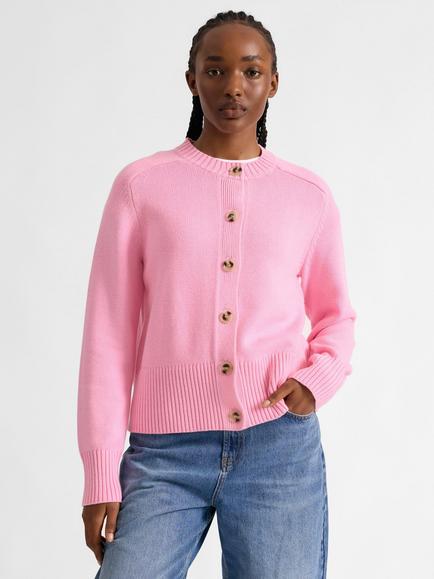 Albaray Crew Neck Horn Effect Button Cardigan, Pink, Pink