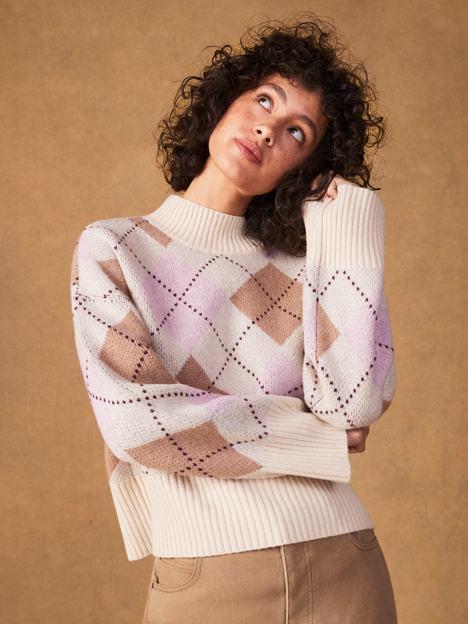 Product image 1 of 5, which shows Ro&Zo Argyle Pure Wool Jumper, Pink, XS