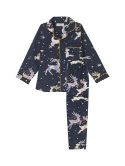 Their Nibs Kids' Cotton Long Sleeved Reindeer Pyjama Set, Navy/Multi - view 2, Navy/Multi