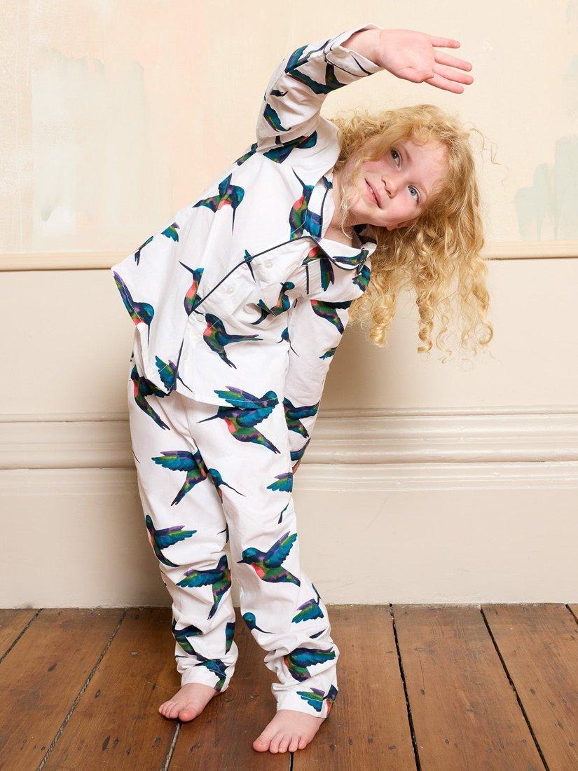 Product image 1 of 4, which shows Their Nibs Kids' Cotton Kingfisher Pyjama Set, White, 2-3 years